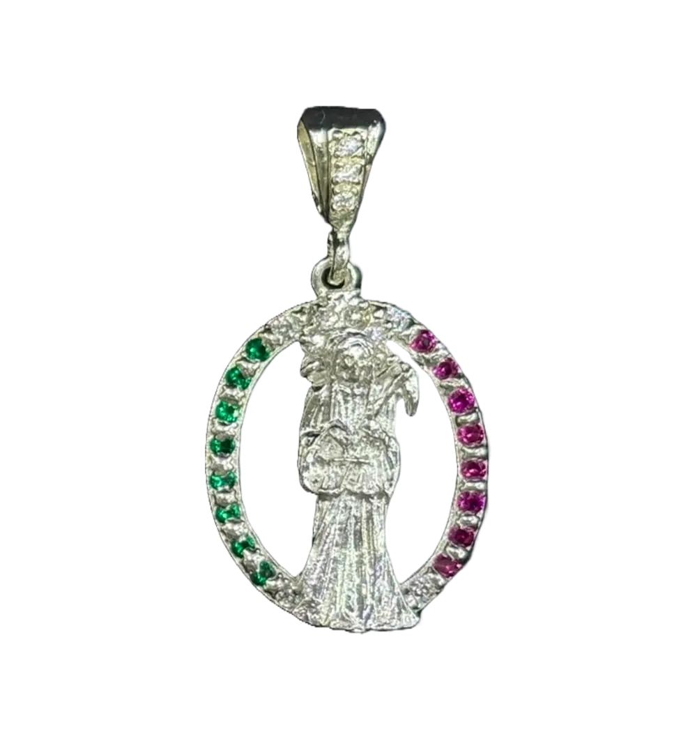 Dije ceremonial de plata con piedras verdes y rosas